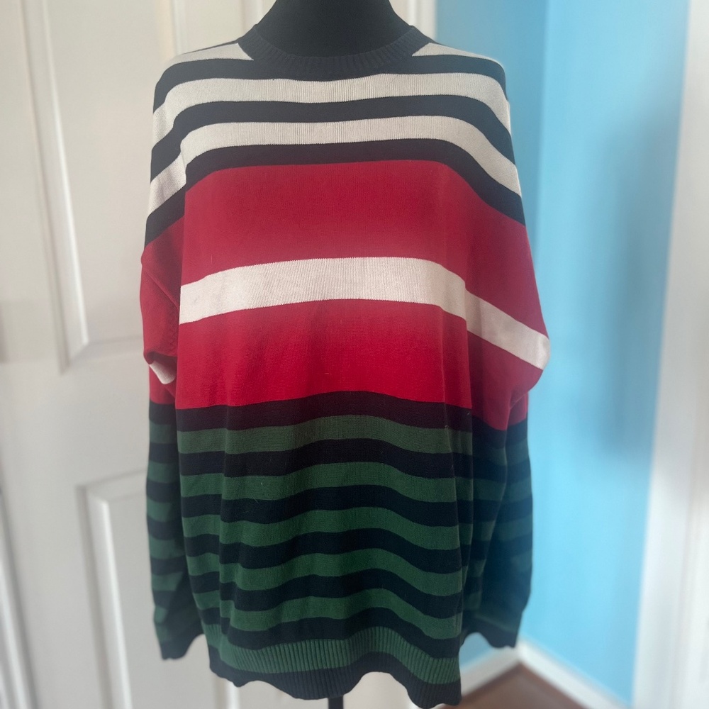 Vintage Tommy Hilfiger Navy White Red Green Striped Crew Neck Knit Sweater XL